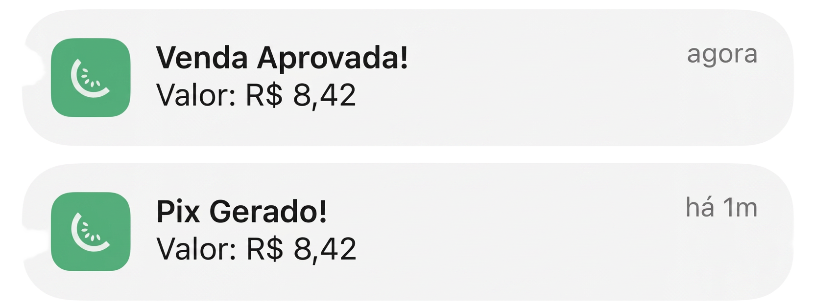 Notificação de venda aprovada e Pix gerado